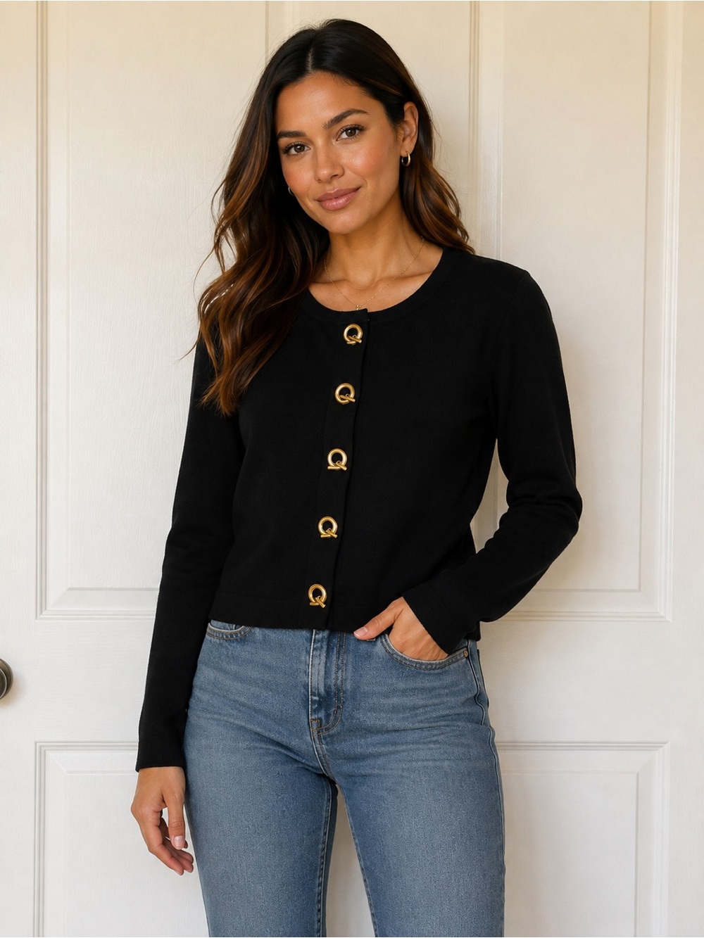 Spense Black Knit Cardigan with Gold Accent Buttons